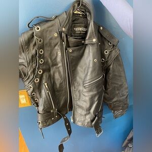 Vintage Unik Black Leather Motorcycle Jacket with Metal Accents